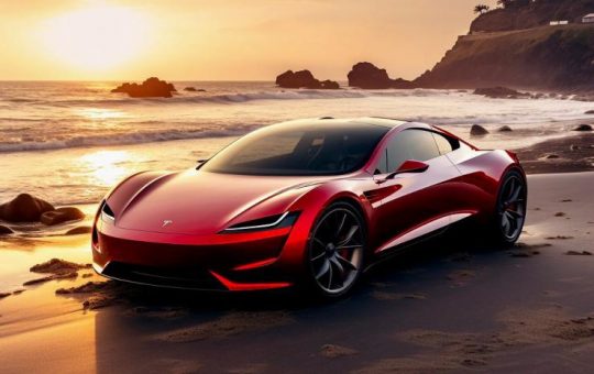 Tesla Roadster sulla spiaggia