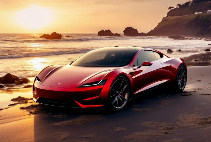 Tesla Roadster sulla spiaggia